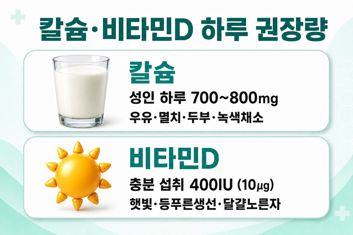 칼슘·비타민D 하루 권장 섭취량과 급원 식품을 정리한 한글 인포그래픽