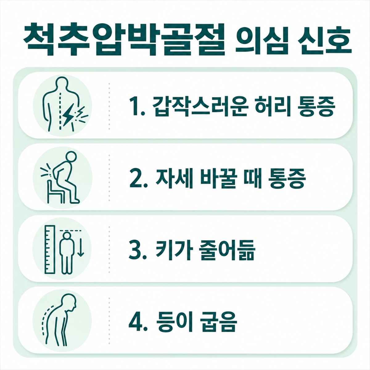 척추압박골절 의심 신호 4가지를 정리한 한글 인포그래픽