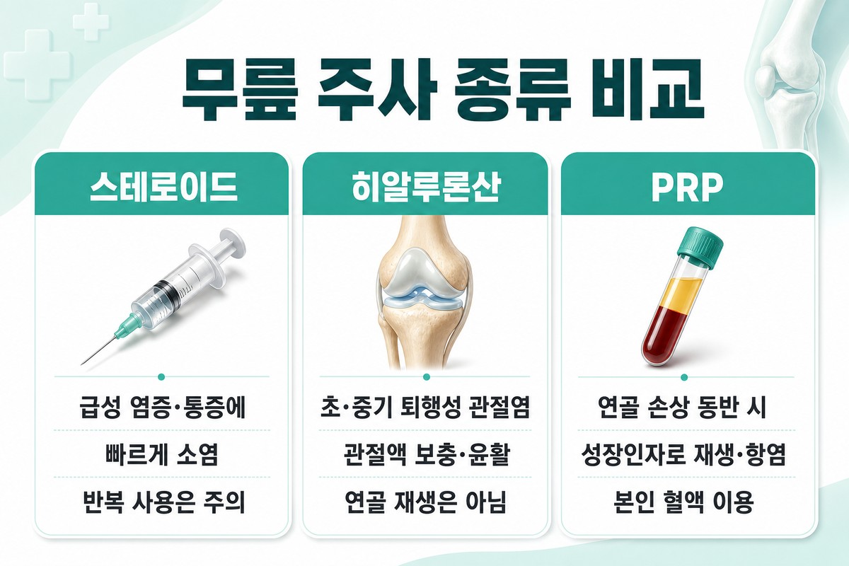 무릎 주사 스테로이드·히알루론산·PRP의 대상과 특징을 비교한 한글 인포그래픽