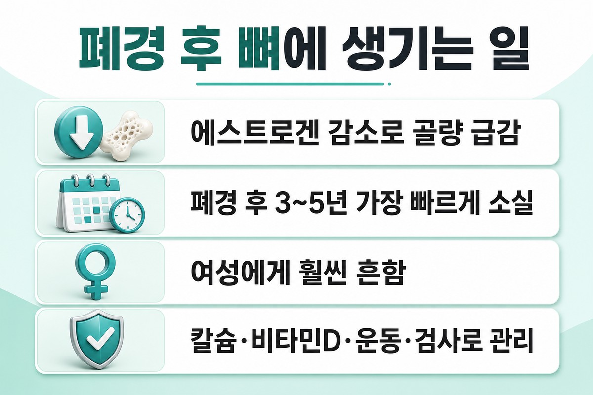 폐경 후 에스트로겐 감소와 골밀도 급감, 관리 포인트를 정리한 한글 인포그래픽