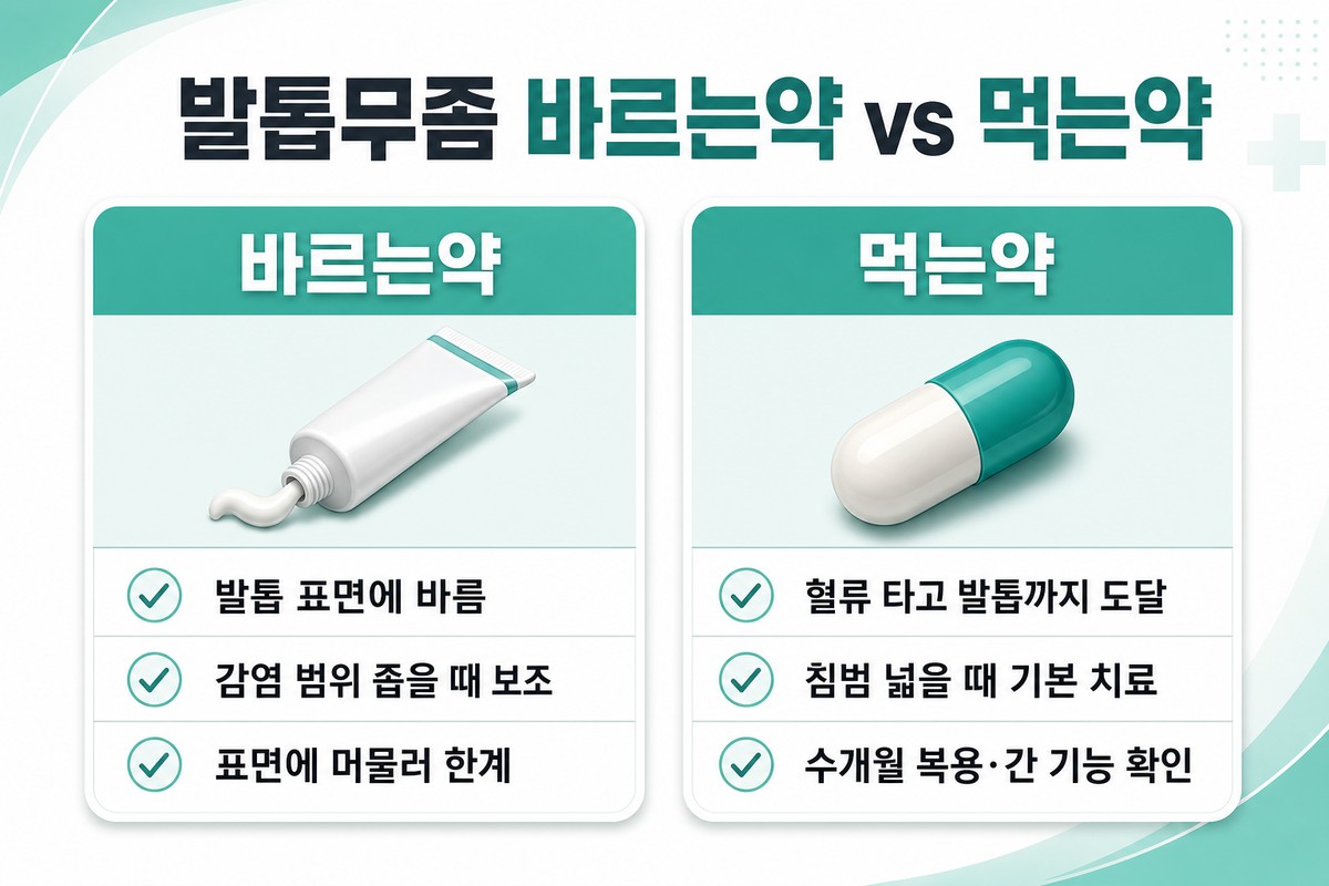 발톱무좀 바르는약과 먹는약의 작용·대상·주의를 비교한 한글 인포그래픽