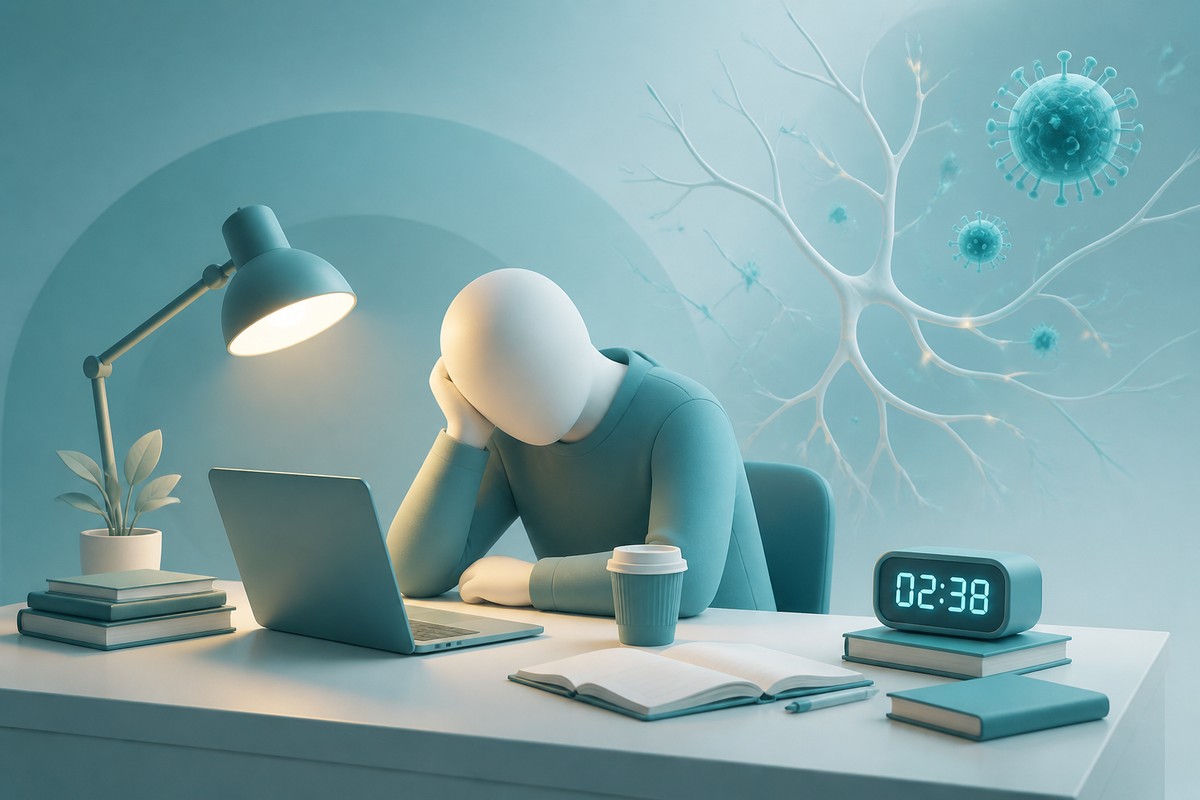 과로·수면부족으로 면역이 떨어진 젊은 층을 표현한 개념 3D 일러스트