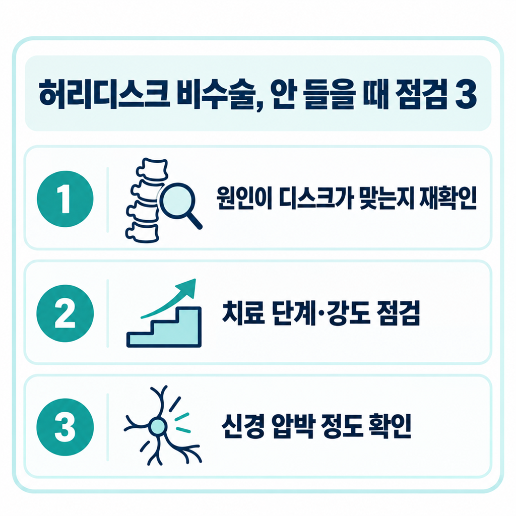 허리디스크 비수술이 잘 안 들을 때 점검할 세 가지를 정리한 안내 카드