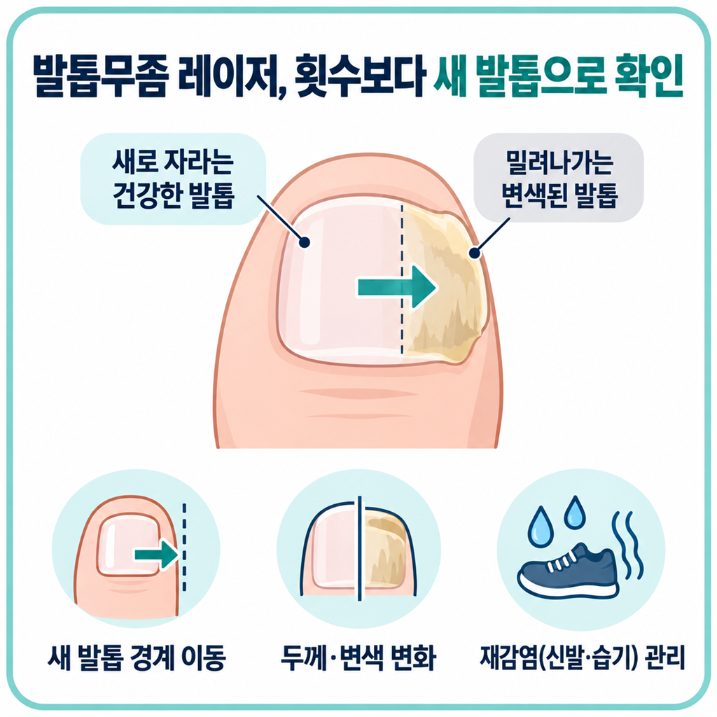 발톱무좀 레이저는 횟수보다 새 발톱으로 확인한다는 안내 카드
