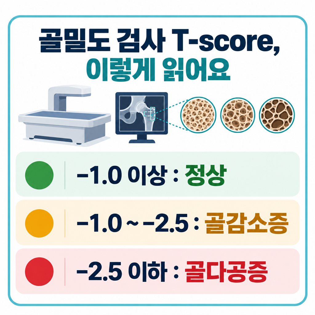 골밀도 검사 T-score 구간(정상·골감소·골다공증)을 읽는 법 안내 카드