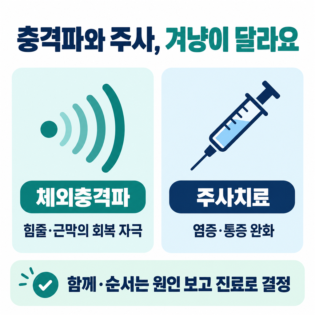 체외충격파와 주사치료의 겨냥 차이를 비교한 안내 카드