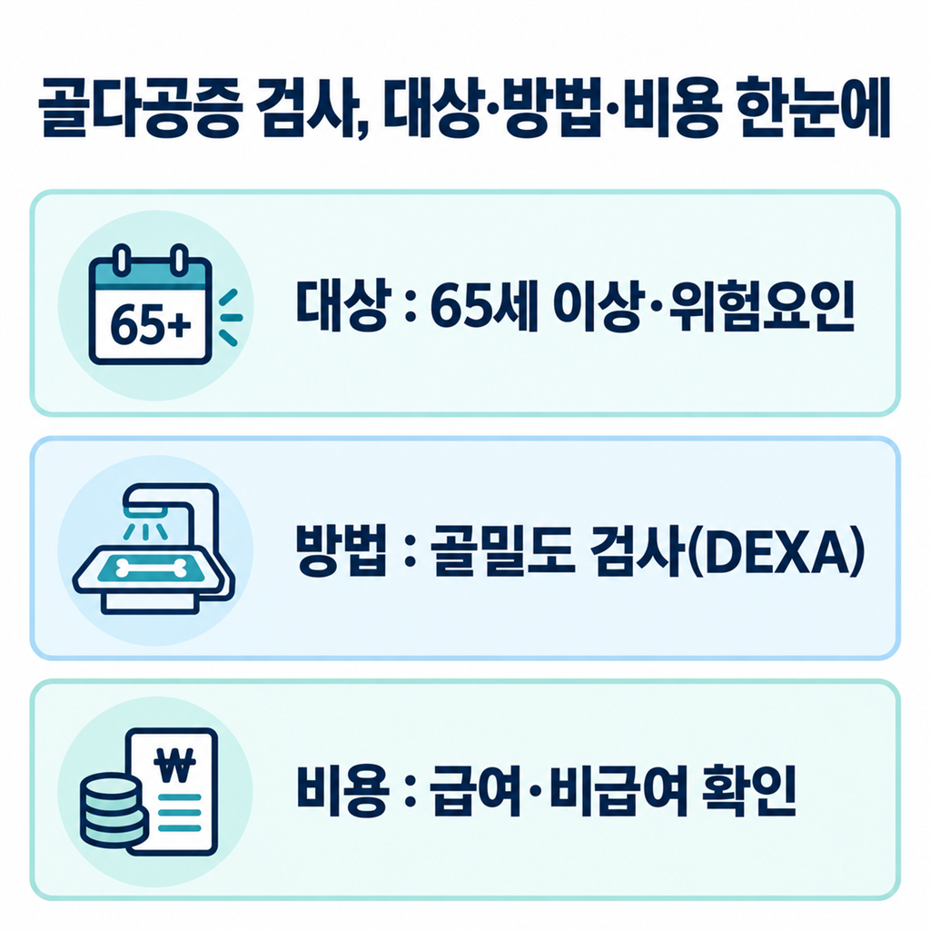 골다공증 검사의 대상·방법·비용을 한눈에 정리한 안내 카드