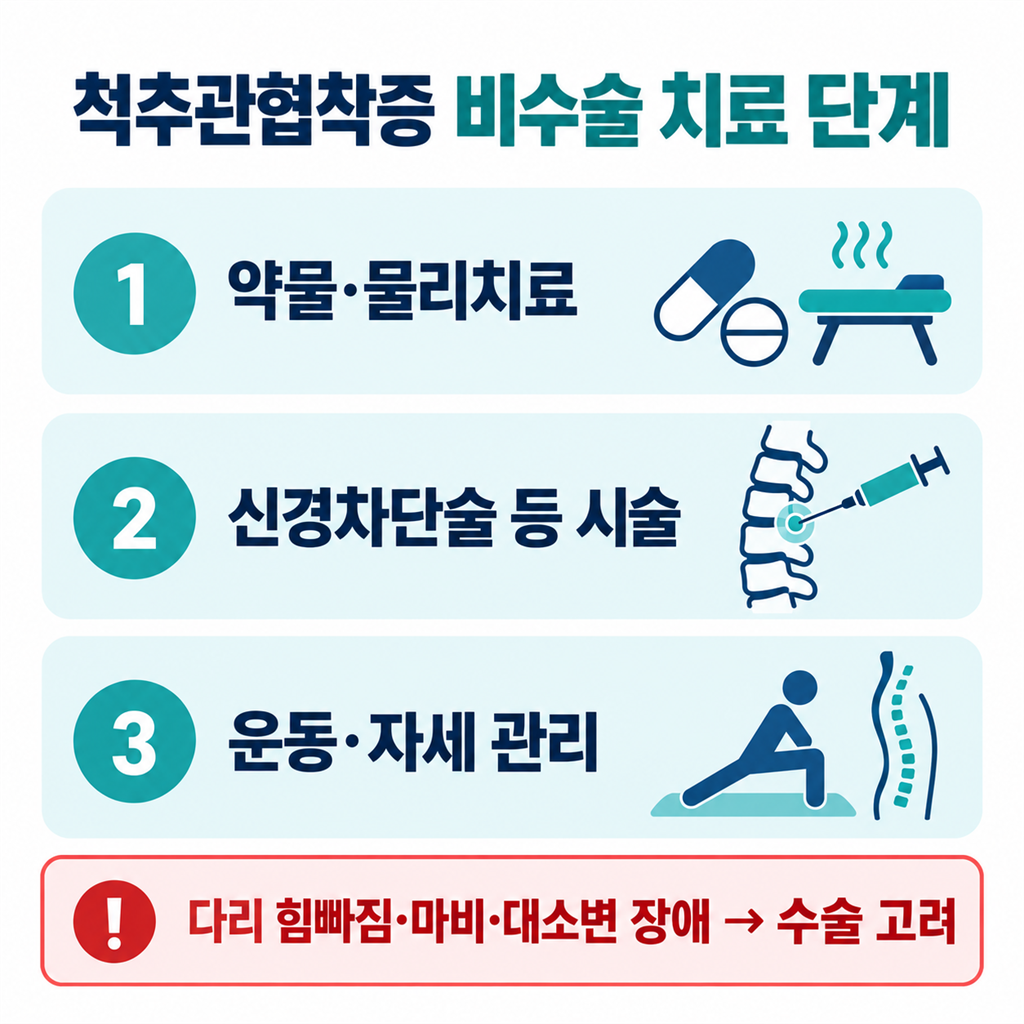 척추관협착증 비수술 치료 단계와 수술 신호를 정리한 안내 카드