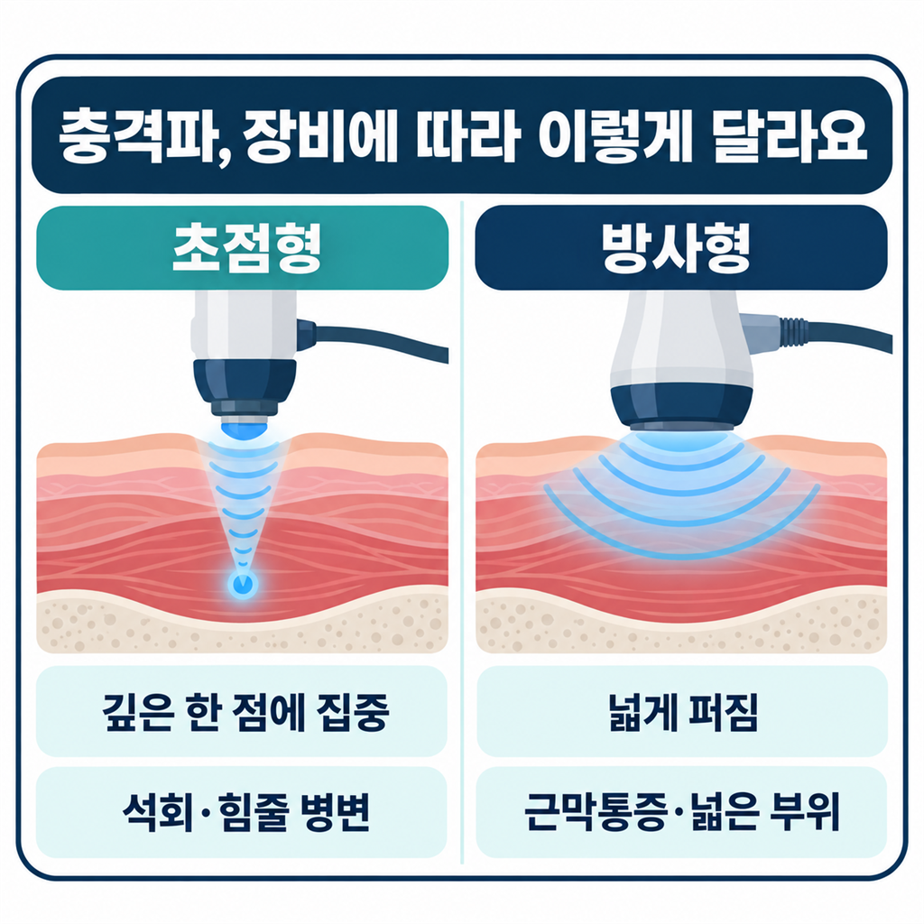 체외충격파 초점형과 방사형 장비 차이를 정리한 안내 카드