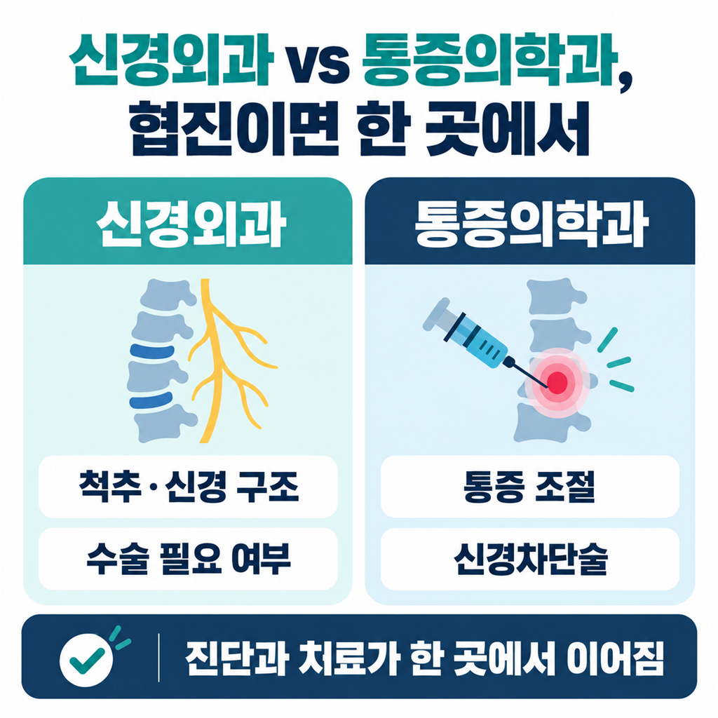 신경외과와 통증의학과 협진의 역할 차이를 정리한 안내 카드