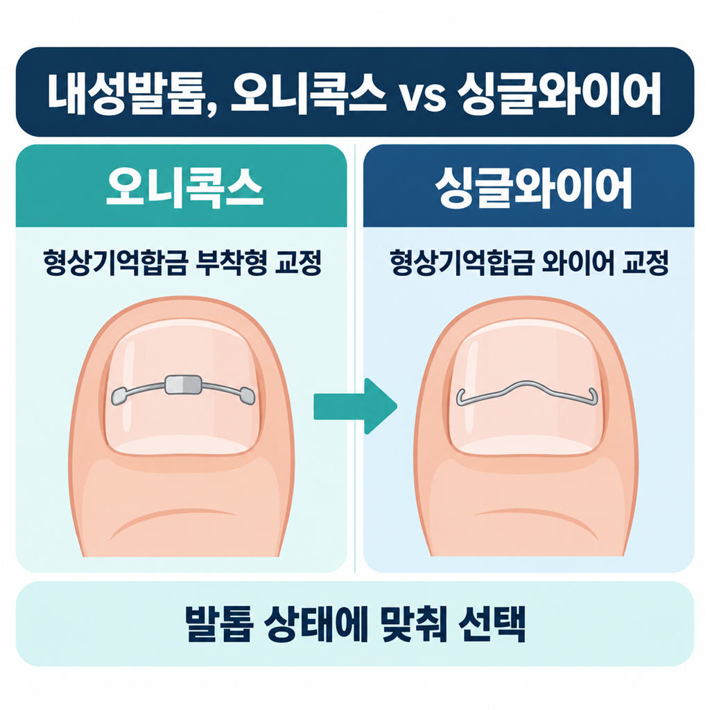 내성발톱 오니콕스와 싱글와이어 교정을 비교한 안내 카드