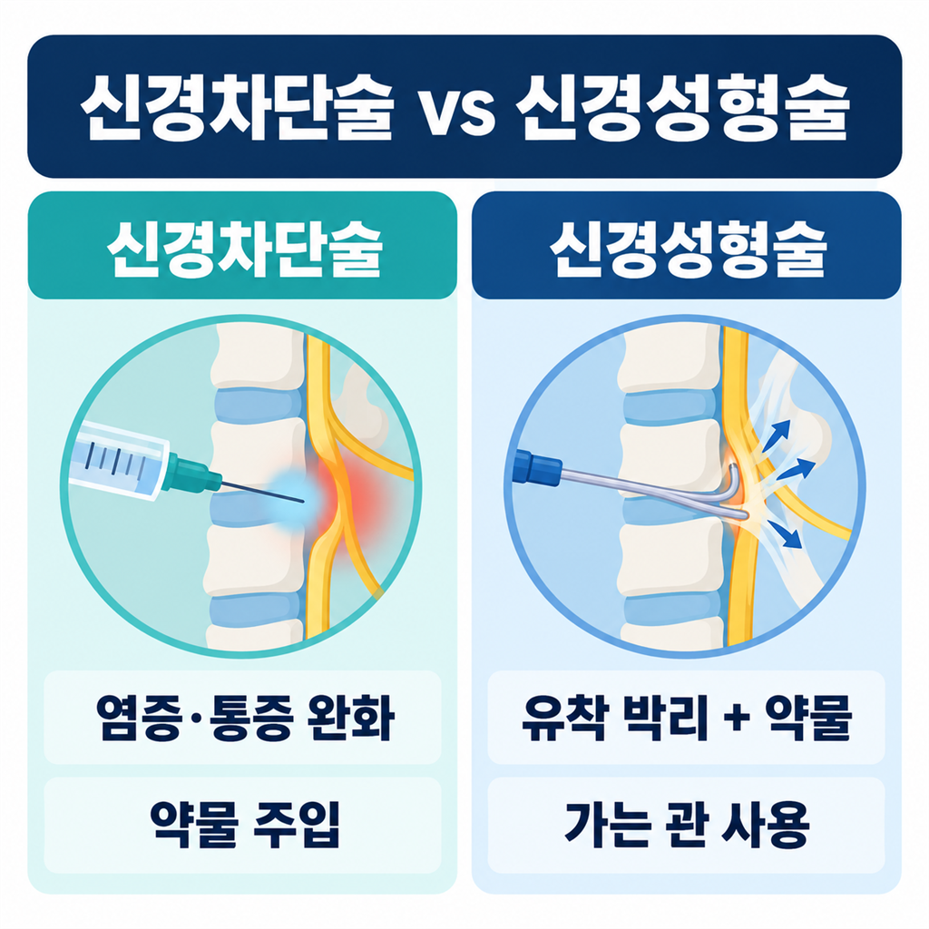 신경차단술과 신경성형술의 차이를 비교한 안내 카드