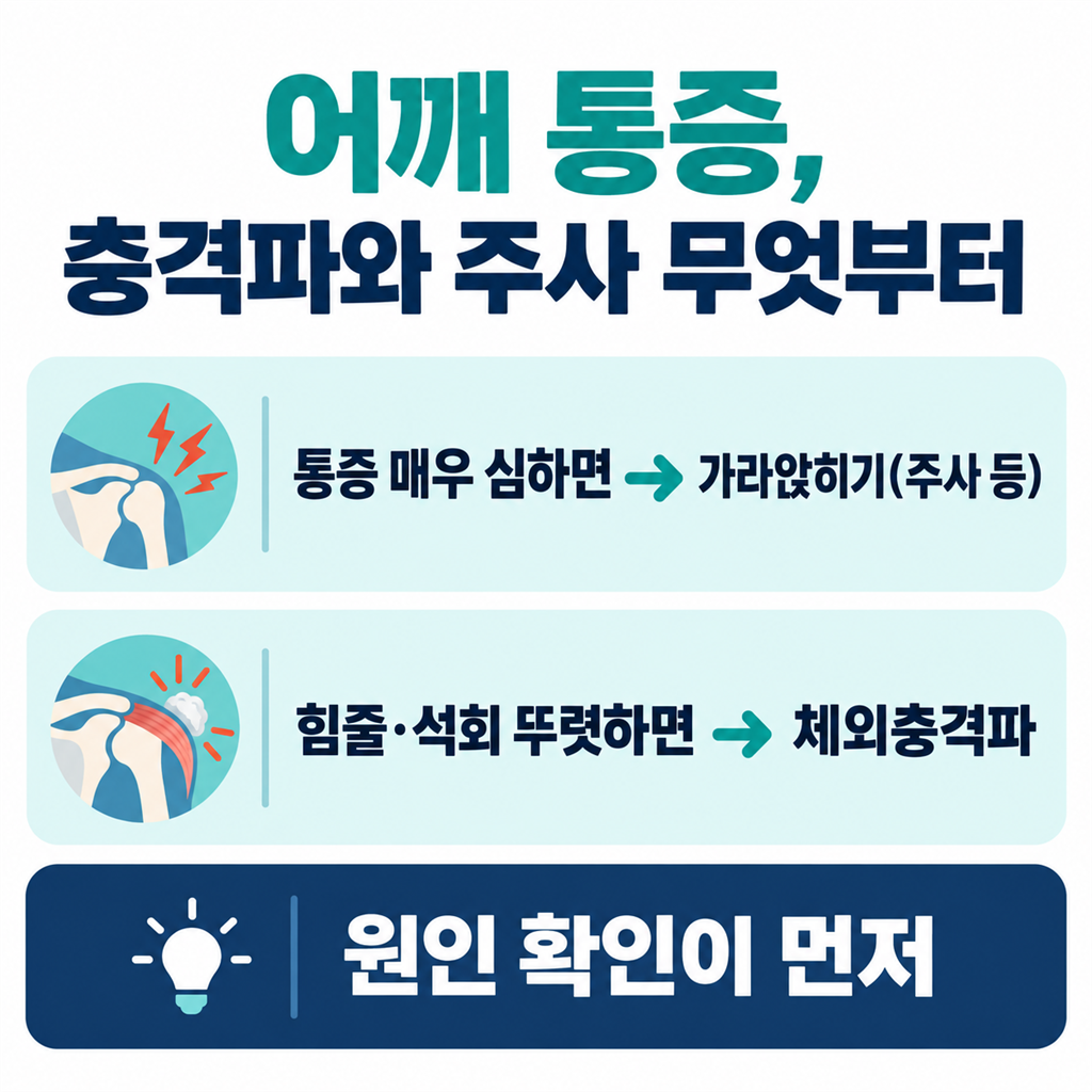어깨 통증에서 충격파와 주사 중 무엇을 먼저 할지 정리한 안내 카드