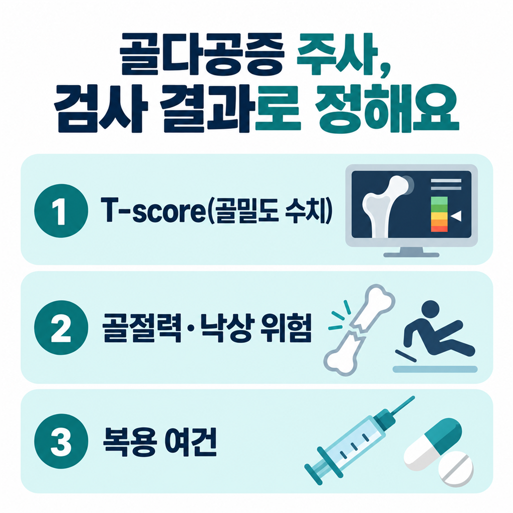 골다공증 주사를 검사 결과로 정하는 기준을 정리한 안내 카드