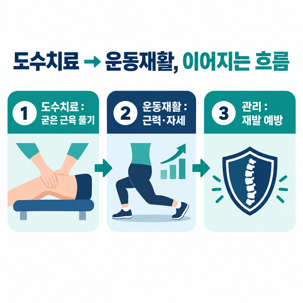 도수치료에서 운동재활로 이어지는 흐름을 정리한 안내 카드