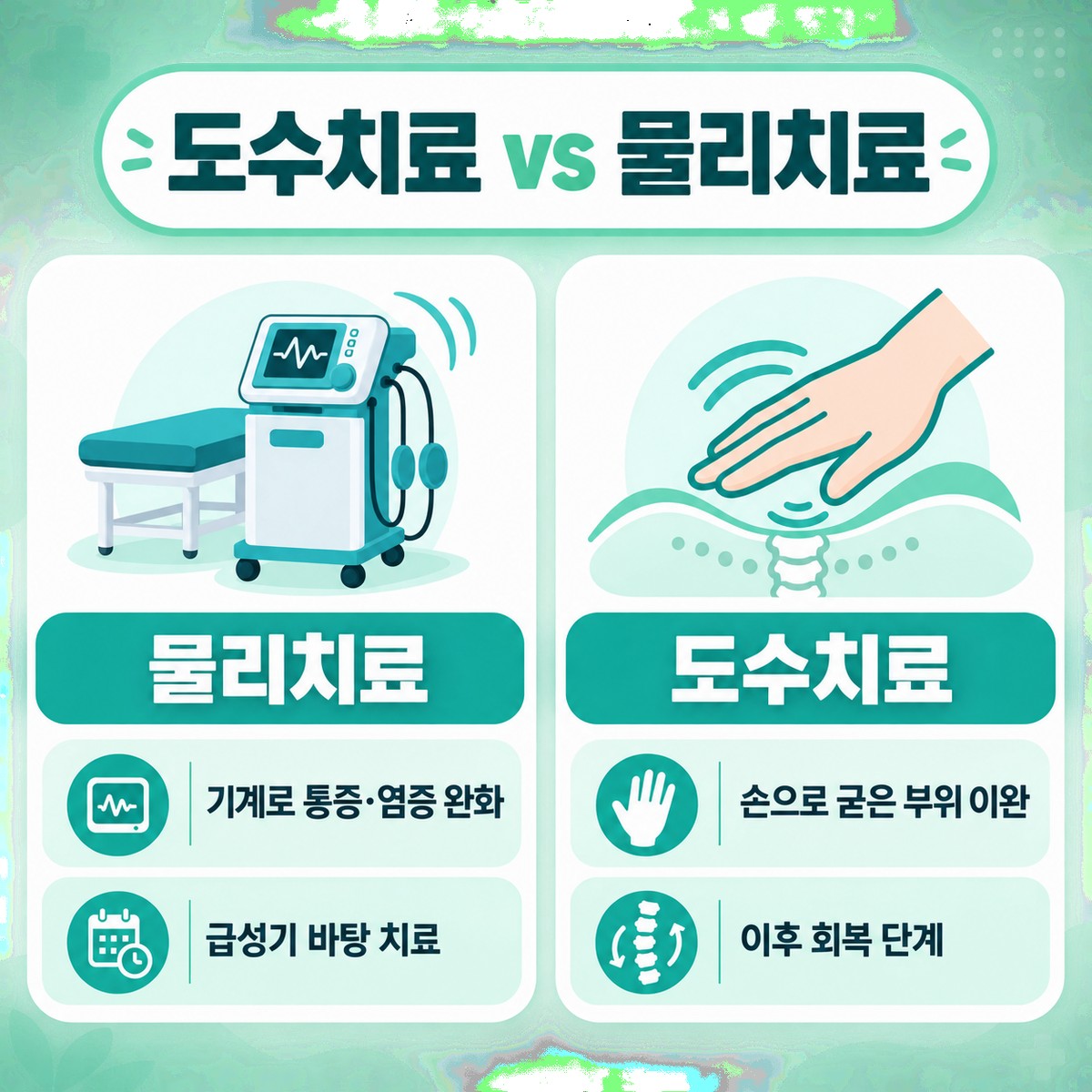 도수치료와 물리치료의 방식·시점 차이를 비교한 한글 인포그래픽